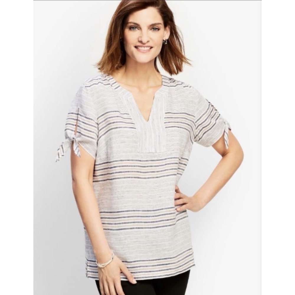 Talbots Reef Stripe 100% Linen Tie Sleeve Top Coastal Beach Women's Size 1X